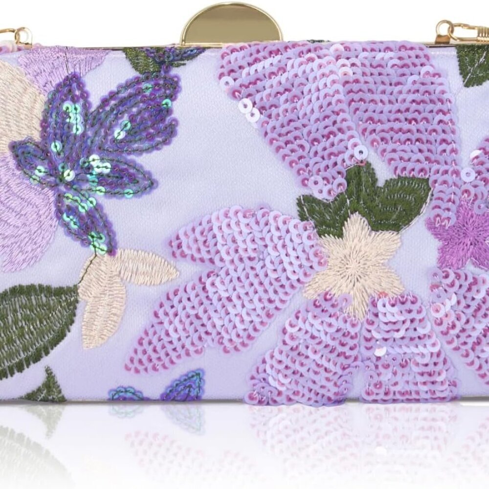 Embroidered Sequin Clutch Purse Women Floral Evening Bag Crossbody Party